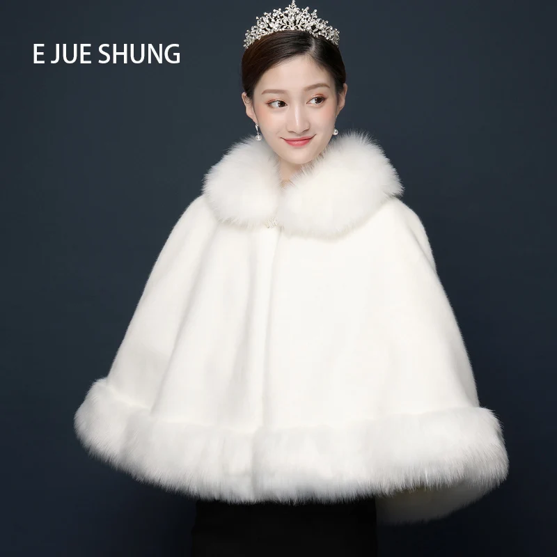 

E JUE SHUNG Winter Wedding Cape Winter Warm Faux Fur Wrap Petal Wave Edge Short Cloak Lady Thick Party Cold-proof Shawl