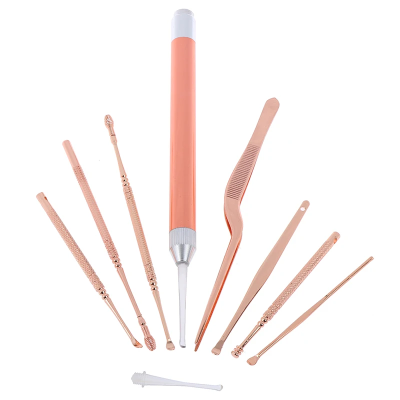 8pcs/set LED Ear Wax Pickers Stainless Steel Earpick Wax Remover Curette Ear Pick Cleaner Ear Cleaner Spoon Care Ear Clean Tool
