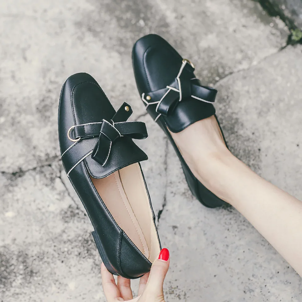 Shoche Plus Size Flat Shoes Women Working Shoes Casual Office Slip-On Black Apricot Flats Ladies Loafers 35-42
