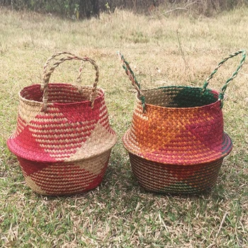

Handmade Foldable Storage Basket Rattan Straw Basket Wicketr Folding Flower Pot Seagrass Flower Baskets Home Garden Decoration