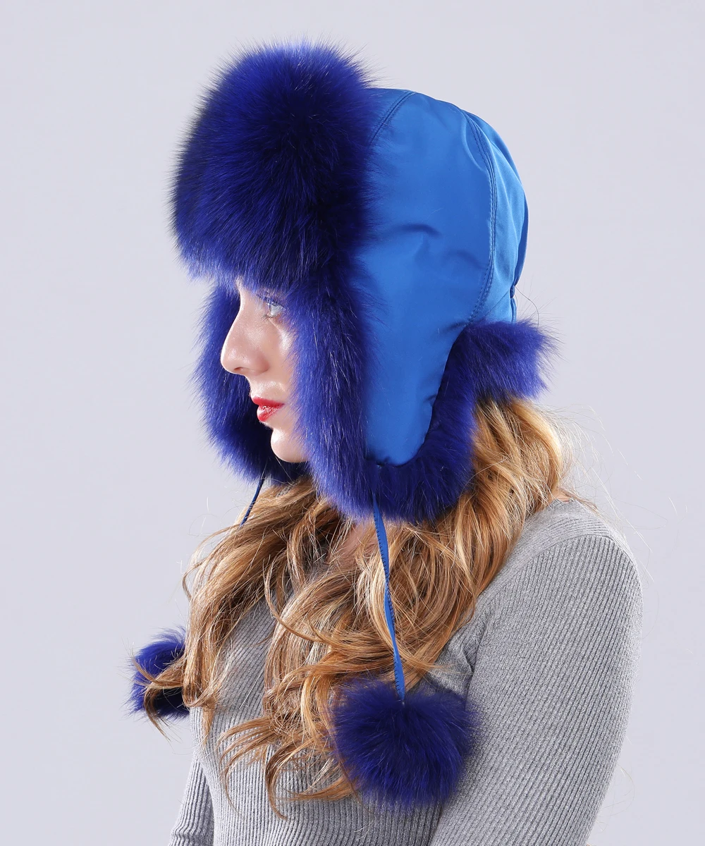 Winter women fur hat lady real fox fur cap protect ear warmer fox pom poms Bomber Hat hot sale new arrival