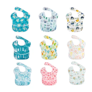 

1Pcs/Lot Baby Waterproof Bib with Crumb Catcher Pocket， Comfortable Soft Adjustable Snaps Feeding Bibs for Infants and Toddlers