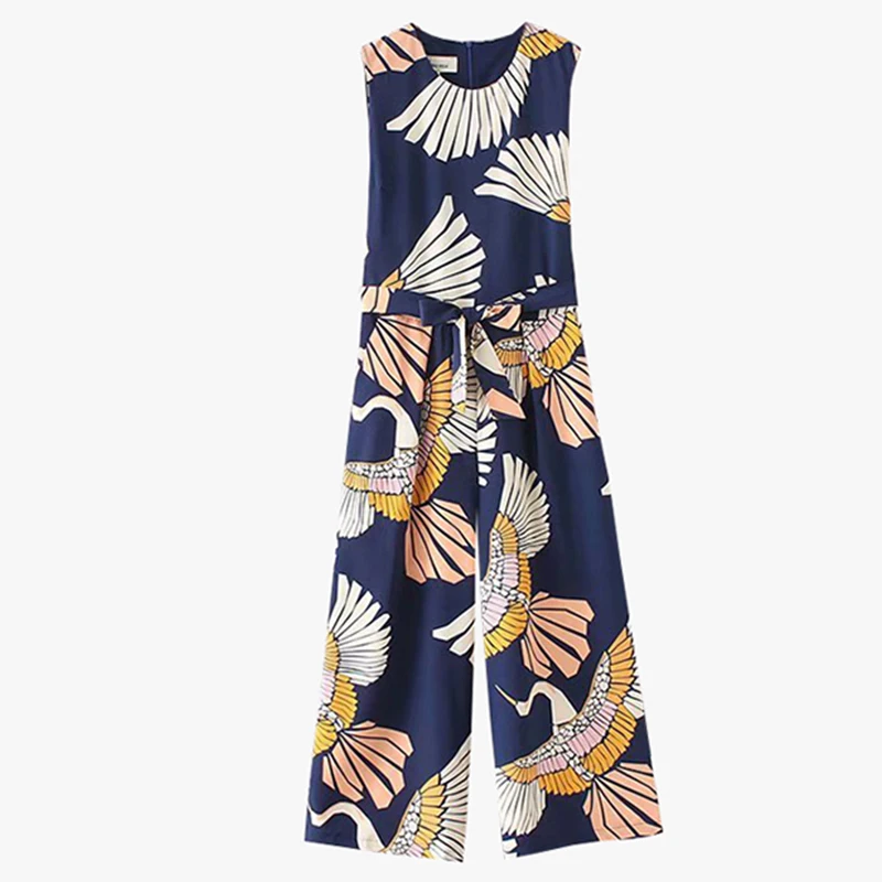 

Printed Sashes Jumpsuit Fashion Women Romper New Summer Jumpsuit Sleeveless Trousers Overalls Playsuit Office Lady