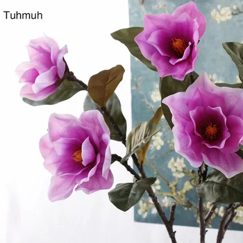 

Real Touch Material Artificial Magnolia Flowers 87CM Long Branch with Leaves 2 Flower Heads Fake Plants for Home Decoration