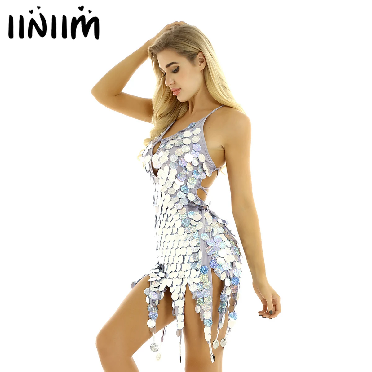 

iiniim Womens Shiny Dancewear Glitter Sequins Haltered V-Neck Backless Dance Dress Latin Salsa Tango Cha Cha Dance Costume