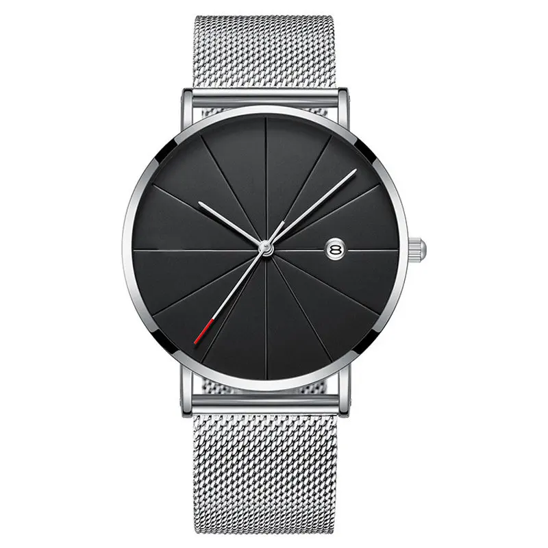 Ультра тонкий циферблат Мужские часы деловые простые кварцевые наручные часы для отдыха из нержавеющей сетки ремешок Дата Подарок Часы Relogio Masculino - Цвет: SilverBlack
