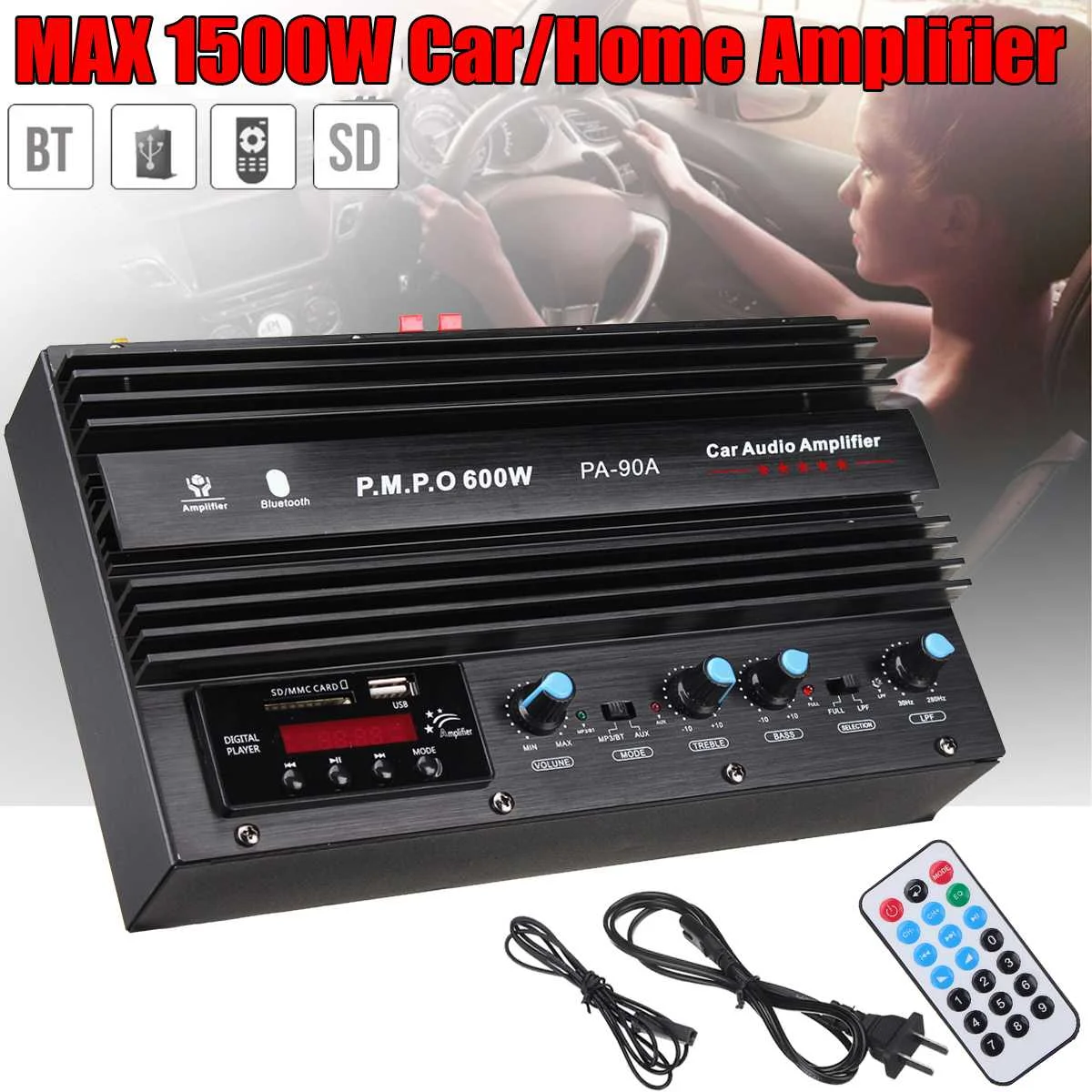 Class AB 1500W bluetooth Home HIFI Stereo Power Amplifier Wireless Audio Amplifier Input USB/AUX/SD/FM Radio With Remote Control