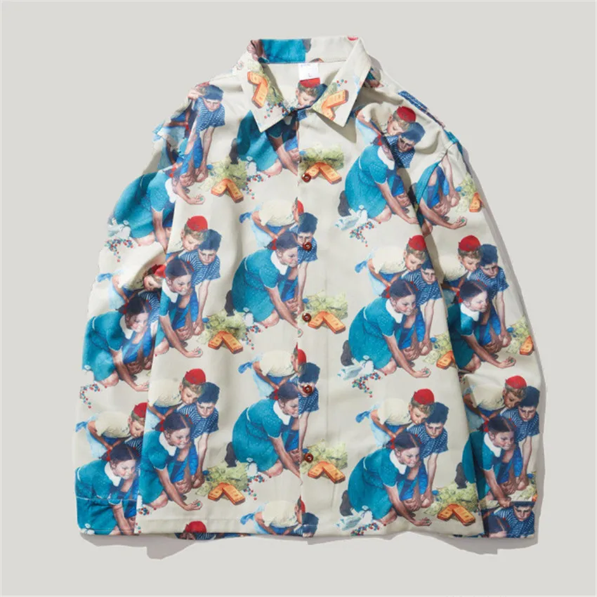 

Men's Shirt Spring New Clothes Personality Korean Trendy Retro Printing Streetwear Loose Casual MAGGIE'S WALKER Long Sleeve 2020