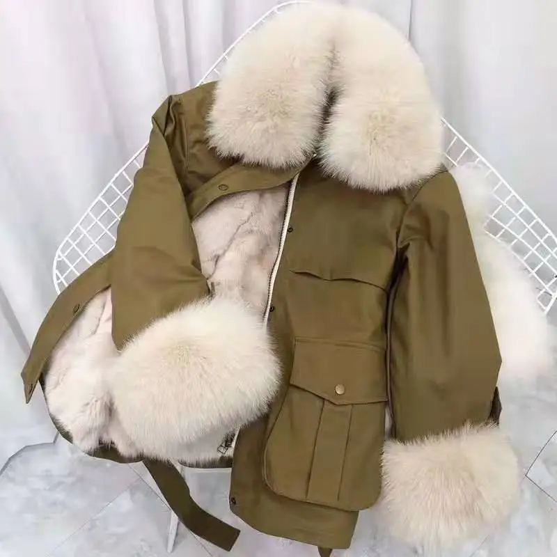 Съемное короткое пальто, подкладка из лисьего меха с воротником из лисьего меха, парка из натурального меха, толстая зимняя верхняя одежда, зимняя теплая куртка