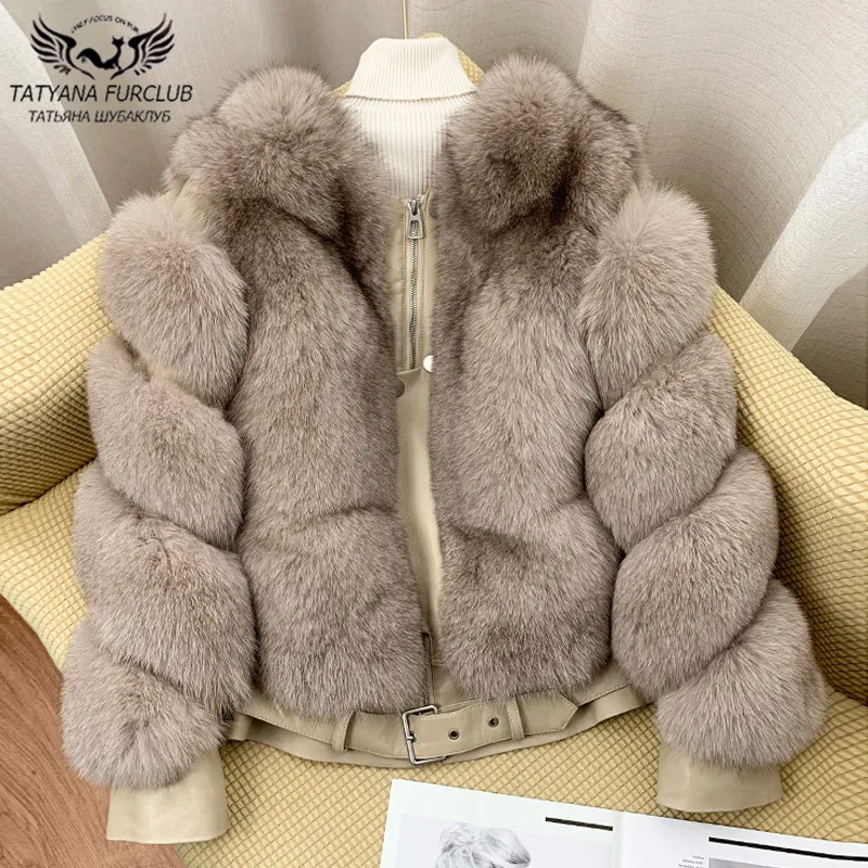 2022 New Locomotive Style Real Fox Fur Jackets Women Outwear Natural Fox Fur Coat Genuine Sheep Leather Fur Coats With Zipper