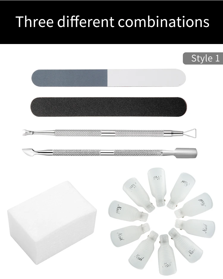 6Pcs/Set Nail Art Polish Remover Gel Soak Off Cap Clip Cuticle Pusher Cotton Wipes Polishing File Buffer Manicure Clean Tool