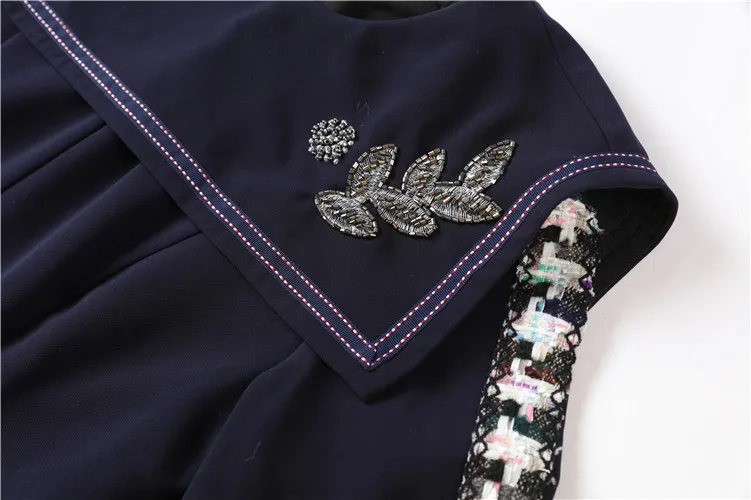 Стиль осенью и зимой Для женщин военно-морской флот Blueembroidery с матросским воротником; платье Модная одежда с длинными рукавами платье Сексуальная плиссированная юбка S-L-5