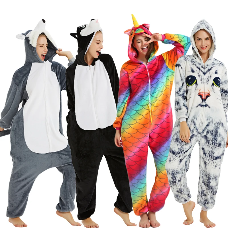 Winter Animal Pajamas Adults Kids Unicorn Onesie Flannel Sleepwear Kigurumi Fox Panda Pyjamas Children Anime Costume Jumpsuit