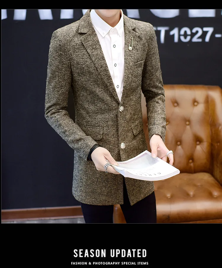 Весна стиль корейский стиль Slim Fit мужской повседневный костюм шерстяное мужское пальто средней длины поколение жира