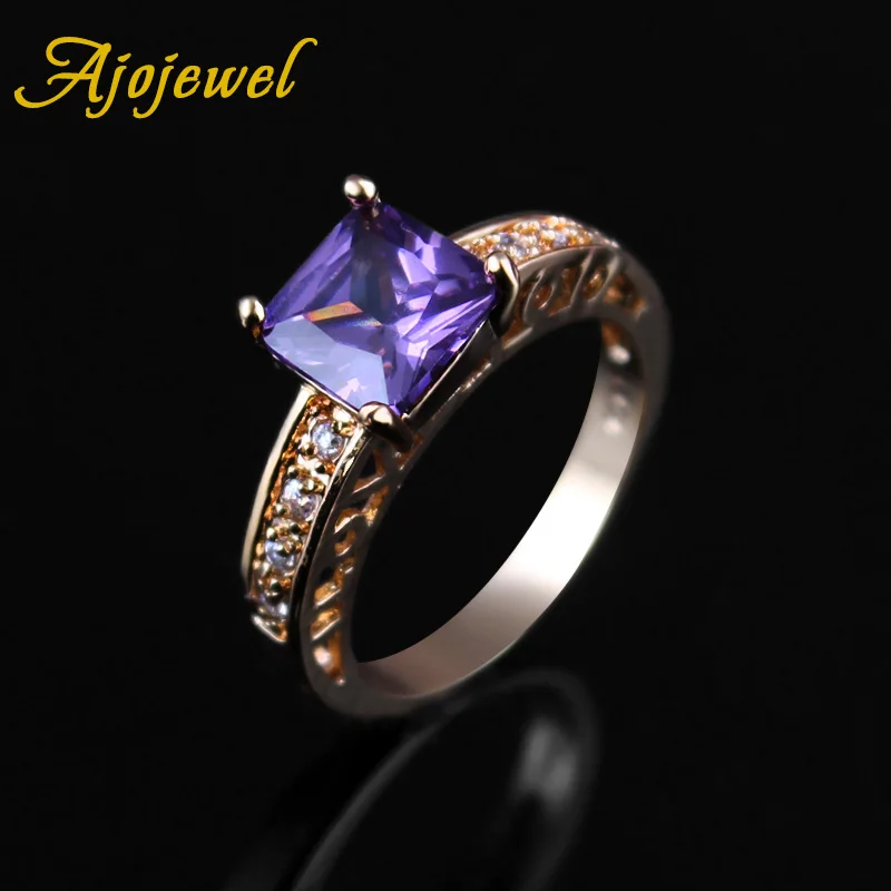 Ajojewel Square Purple Cubic Zircon Wedding Rings For Women Size 8 Crystal Golden Ring Anel Bague Bijoux