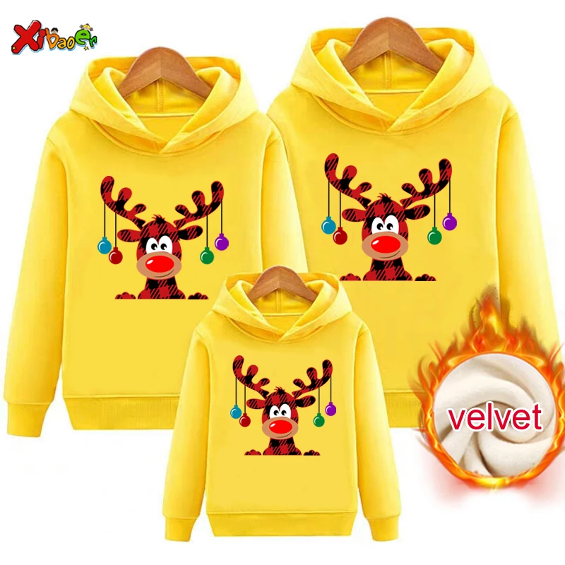 thumbnail image 2 of Sudadera con capucha para la familia, suéter navideño con ciervos, ropa de Rodolfo, sudadera cálida de invierno para niños, jersey de terciopelo, atuendo a juego para papá, 2 of 5