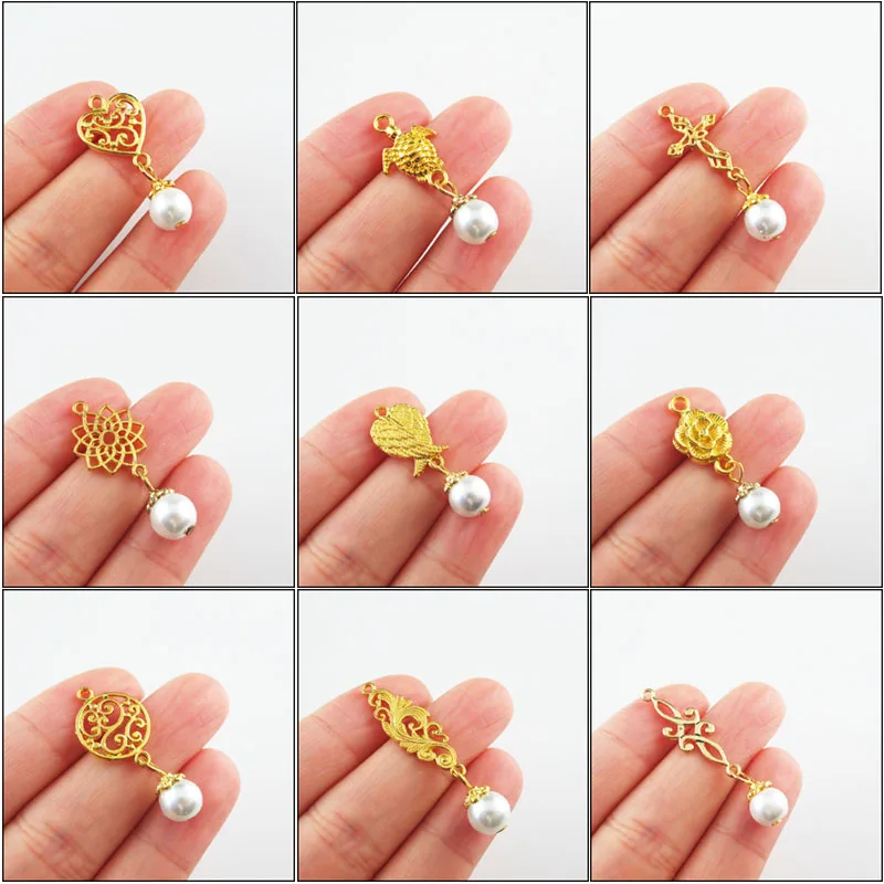 

Fashion New Animal Tortoise Clouds Flower Rose Heart Wings Charms White Pearl Glass Beads Pendants Gold Color