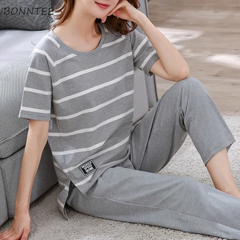 

Pajama Sets Women Cotton Stretchy Breathable Short Sleeve Summer Ladies Home Clothes Soft Loose Sleepwear Plus Size New Korean