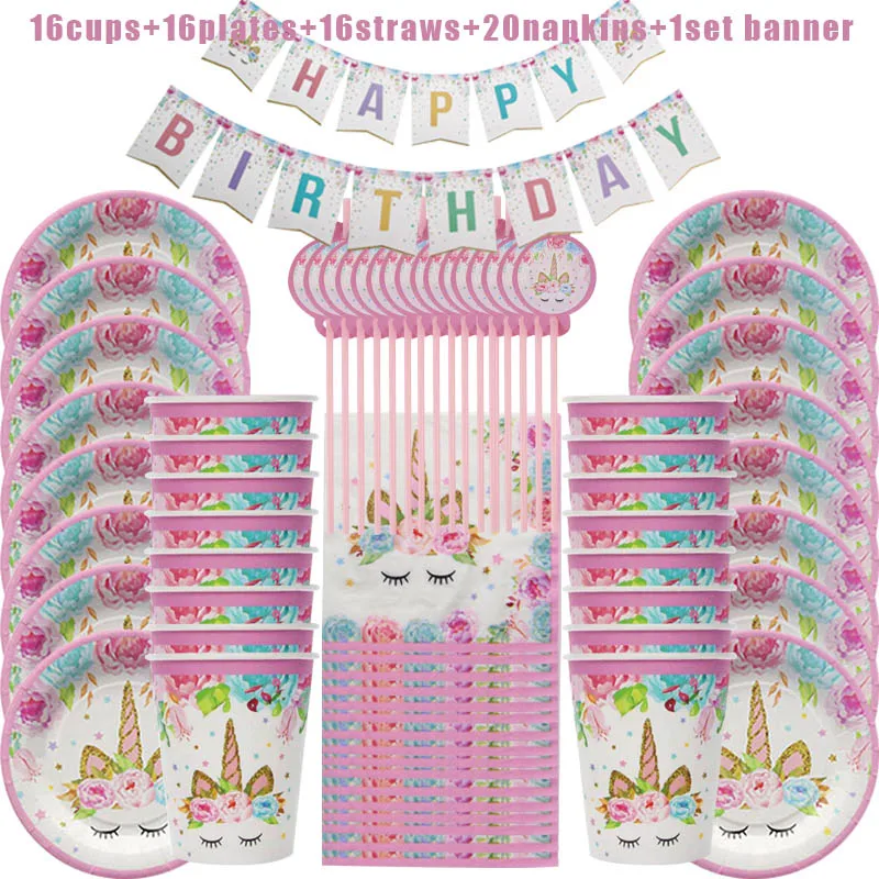 WEIGAO 8-30 гостей на день рождения одноразовые наборы посуды Единорог животное Русалка Вечерние бумажный стаканчик, тарелка для детей на день рождения - Цвет: 16 guest set unicorn