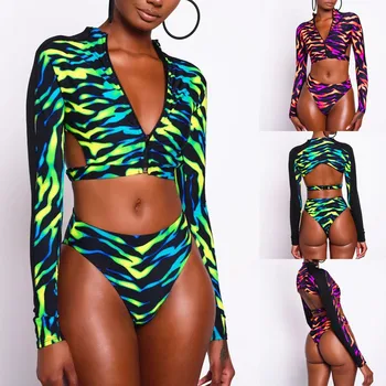 

2020 New Bathing Suit Summer Women's Print Long Sleeve Biquini Zipper Design Underwear Set Deep-V Padded Lengerie Traje de baño