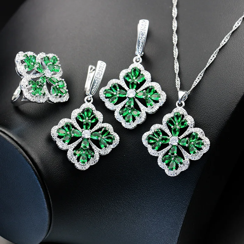 green Bague Ringen, 8 цветов, драгоценные камни, серебро 925, ювелирные наборы для женщин, клевер, кольцо, серьги, ожерелье, роскошный дизайн, костюм из трех предметов - Gem Color: green
