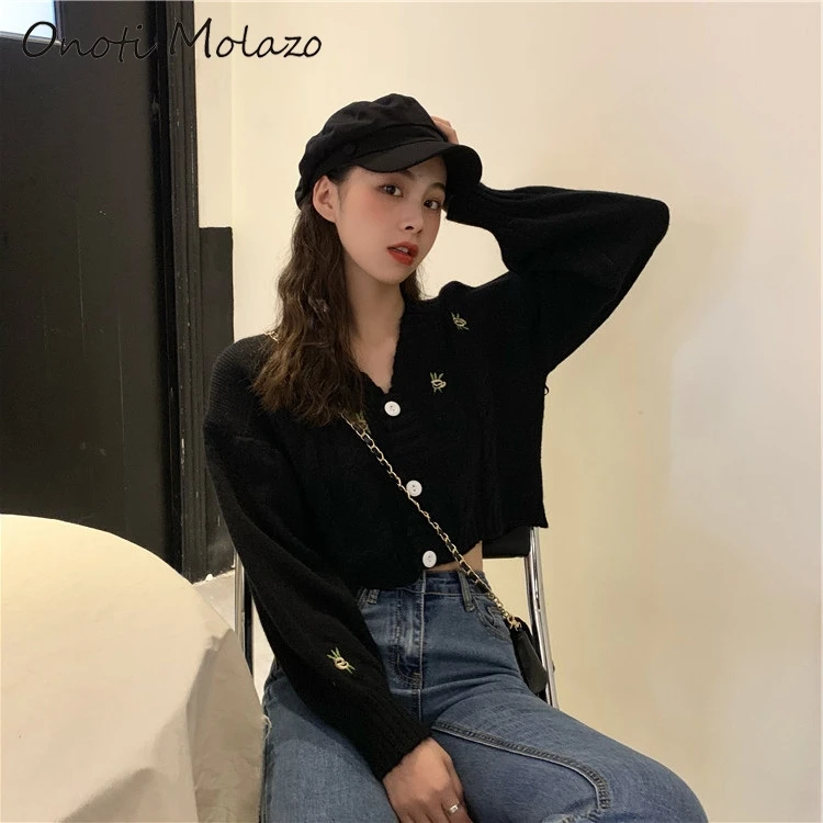 Onoti solid twist floral embroidery crop sweater korean style fashion ladies knitted cardigan autumn winter female tops  2020