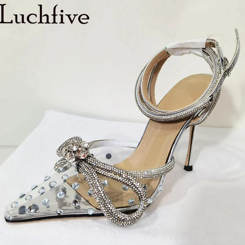 

Rhinestones PVC Clear Sandals Sexy Pointy Toe Party Shoes Thin High Heels Slippers Crystal Bowtie Shoes Woman