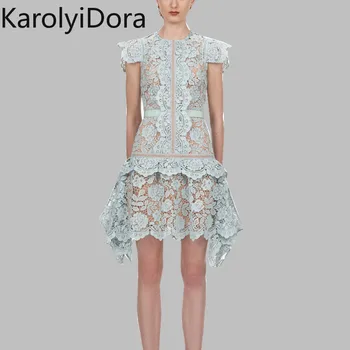 

2020 Brand Runway Irregularity Lace Mini Dresses Self Portrait Spring Ruffles Patchwork Sky Blue Female Bodycon Party Dress