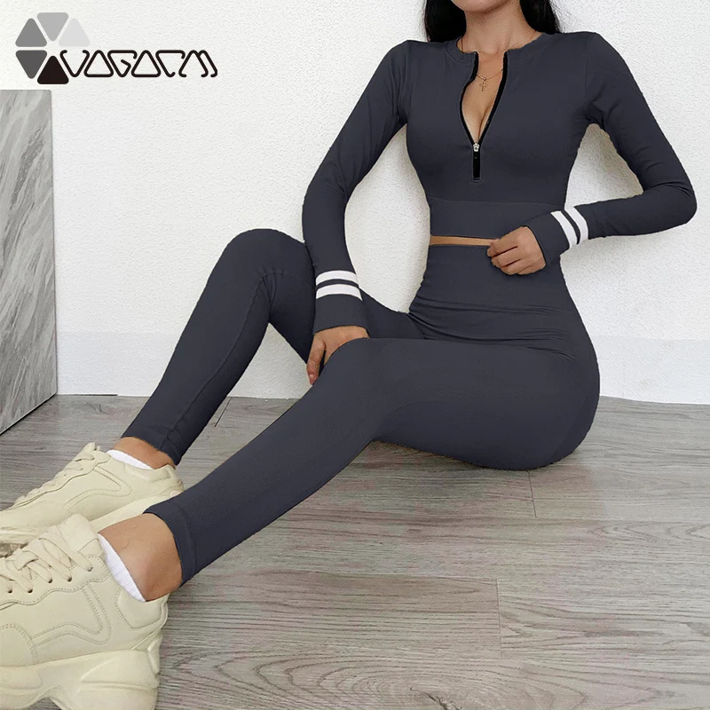 

Seamless Yoga 2 Pieces Set Women Long Sleeve Zipper Crop Top High Waist Trousers Sports Tight Running Fitness Workout Clothes