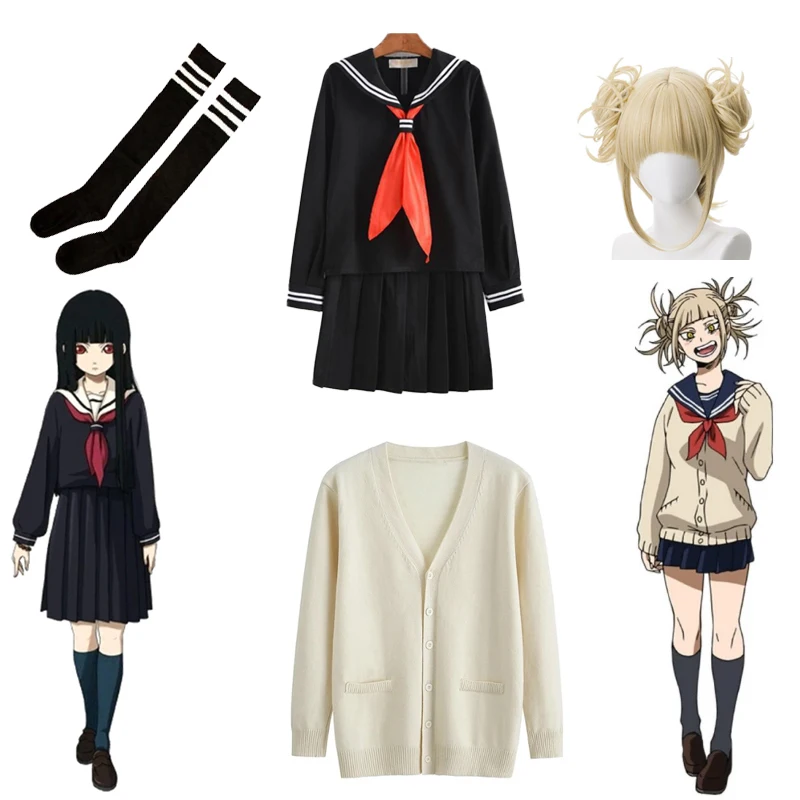 Anime Cosplay Himiko Toga Costume School Uniforms for Girls Jigoku Shoujo Enma Ai Sailor Pleated Skirt Wig Socks Outfit C30153AD |