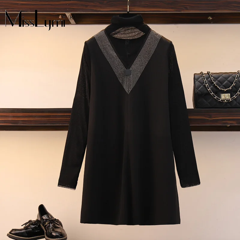 XL-5XL, большие размеры, женское элегантное черное платье трапециевидной формы, осень, модное Сетчатое платье с высоким воротом и длинным рукавом, лоскутные платья с бриллиантами