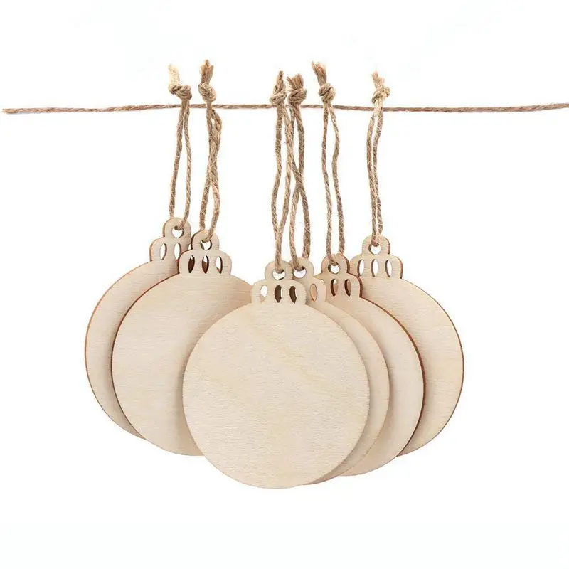 

50pcs DIY Craft Wooden Round Bauble with 50pcs Twines to Paint, Unfinished Christmas Hanging Ornaments Natural Blank Wood Discs
