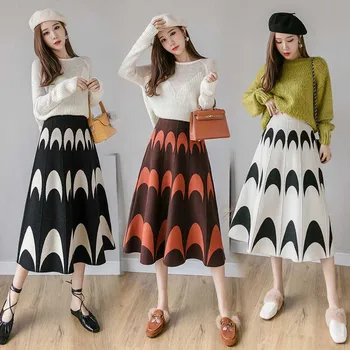 

NiceMix Autumn Winter Women Knitted Skirt Fashion Geometric Pattern Warm Elastic Waist Long Skirts Womens Elegant Ladies Skirt