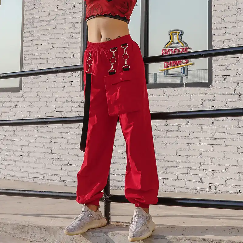red cargo pants with chain