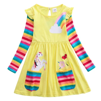 

JUXINSU Autumn Winter Girl Long Sleeve Dress Unicorn Cartoon Rainbow Stripes Pony Girls Casual Cotton Dresses