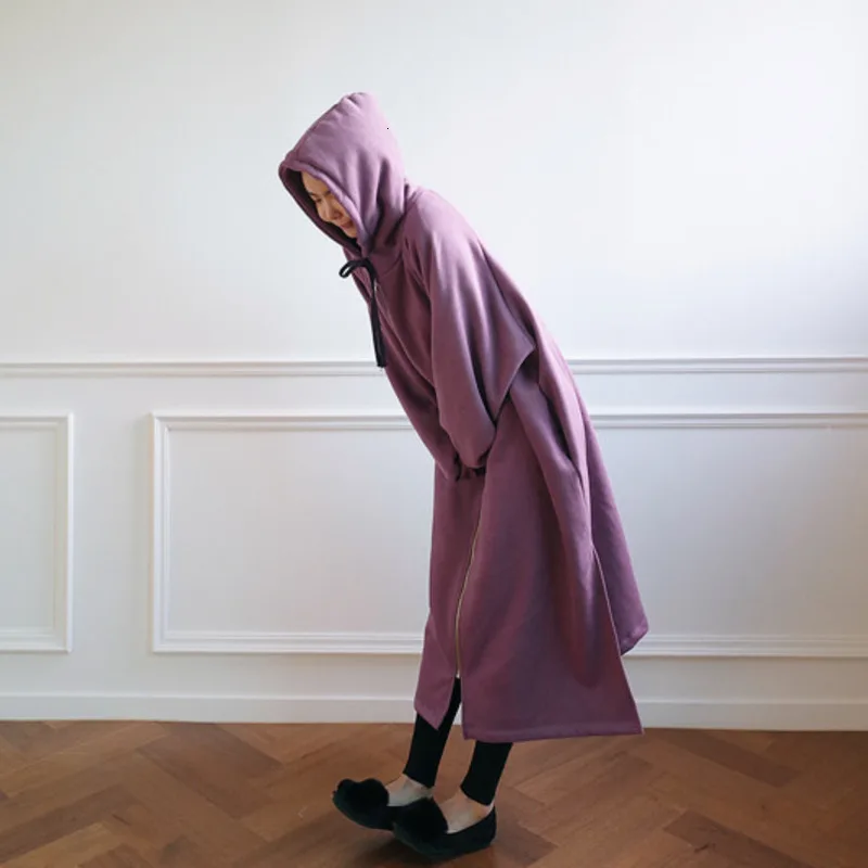 LANMREM, зеленый, длинный рукав, с капюшоном, с разрезом, на молнии, плюс, женский, длинный, свитшот, пальто, Повседневный, простой, модный,, осень, зима,, TD152