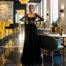 

Elegant Floor Length Black Evening Dresses With Illusion Sleeves Sweetheart Neck Corset Lace Up Back Vestidos De Noche 2021