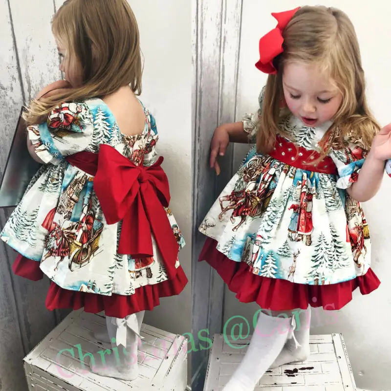 Pudcoco Toddler Kid Baby Girl Christmas Elements Partten Flared Party Santa Swing Princess Dress Clothes 2-6T | Детская одежда и