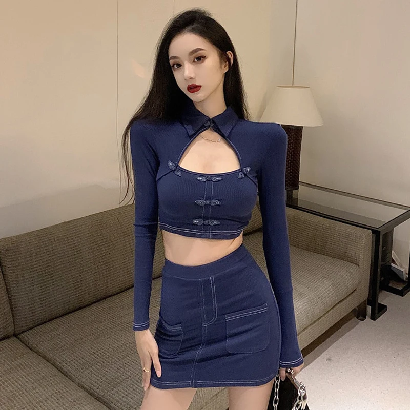 Chinese Style Sexy Retro Long Sleeve Hollow Out Cheongsam Crop Top White Knit Shirt Mini Bag Hip Skirt Fashion Sets |