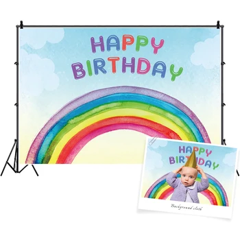 

Rainbow Backdrops For Photography Baby Drawing Pattern Happy Birthday Party Customized Banner Photo Background For Photo Studio