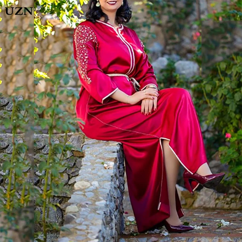 

UZN Elegant Red Moroccan Kaftan Formal Evening Dress Beaded 3/4 Long Sleeve Arabic Muslim Special Occasion Dresses Party Gowns