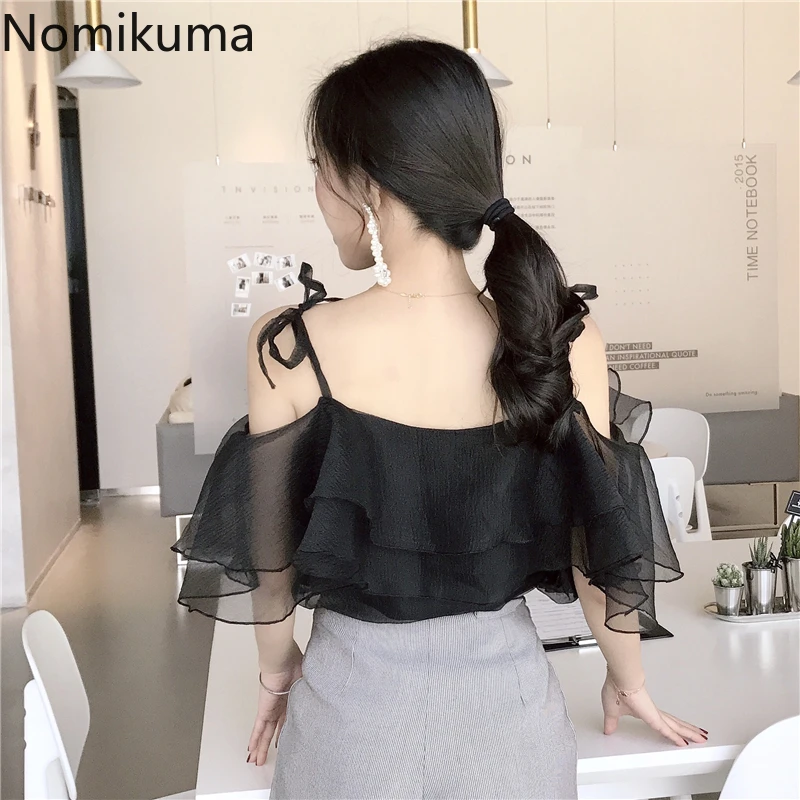 Женский сетчатый топ Nomikuma однотонный на бретельках с оборками летний в Корейском