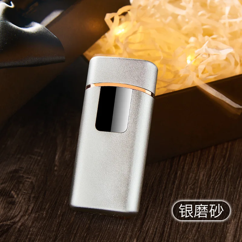 New 2 In 1 Metal Gas Lighter and Dual Arc Plasma Lighter Touch Screen Electric USB Lighters Rechargeable Cigar Cigarette Lighter - Цвет: silver matte