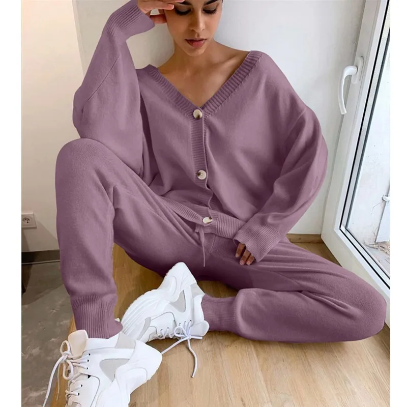 

2020 hot new lazy cardigan sweater pants suit fashion single breasted ladies casual suit versatile simple pure color new