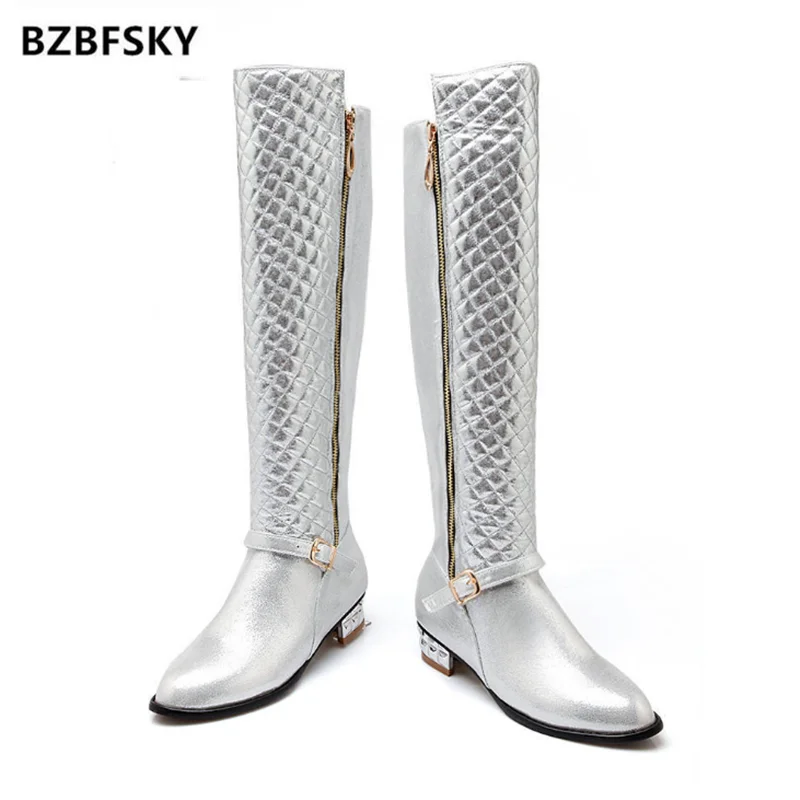 Женские осенние сапоги BZBFSKY новые модные серебристые золотистые до колена