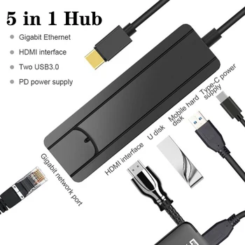 

USB HUB 5 in 1 Type C to USB3.0/HDMI/RJ45/PD Adapter Dock for Mac book Pro Accessories Thunderbolt 3 USB-C Type HUB