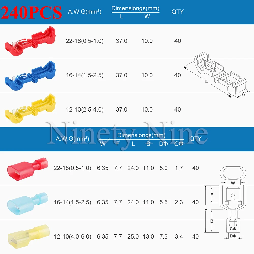 T-Tap Wire Connectors, Self-Stripping Quick Splice Electrical Wire Terminals, Insulated Male Quick Disconnect Spade Terminals