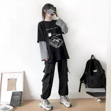 

Dark Black Suit Hip Hop Fall New Cargo Pants Women Suit Students Korean Loose Patchwork Suit for Women's Fall Two-piece Suit