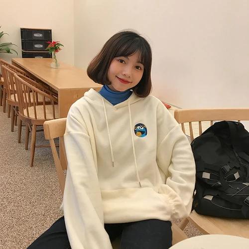 2 цвета Харадзюку худи Топы женские зимние Новые Kawaii Вышитые мультфильм флисовая толстовка негабаритных теплые женские толстовки