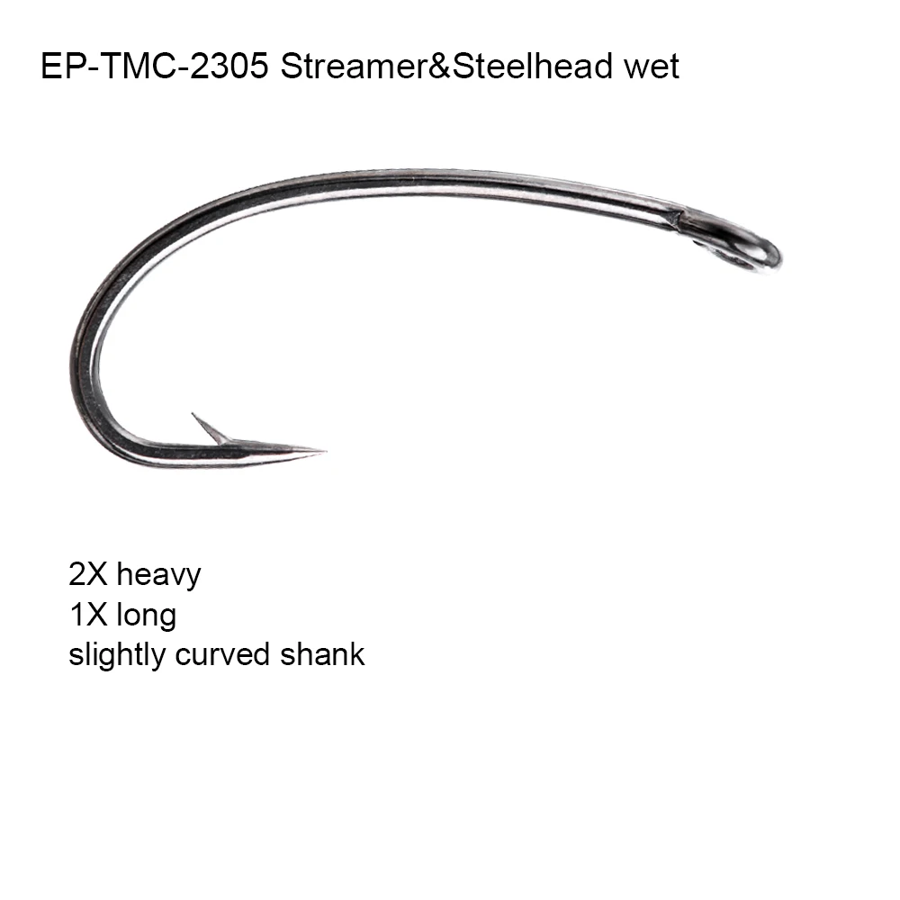 

Eupheng 100pcs EP-TMC2305 Streamer Steelhead Wet Fishing Hook 2X Heavy Slightly Hook Curved Shank Fly Fishing Hook